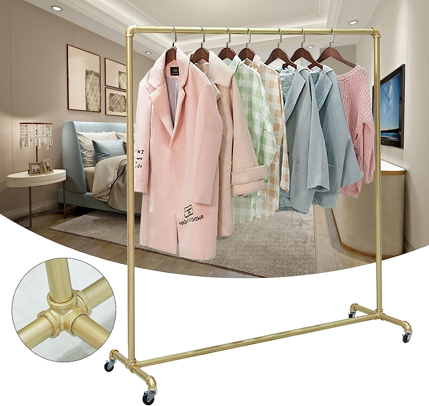 Standard Clothing Garment Rack, Industrial Pipe Clothing Rack Commercial Grade Clothing Garment Racks Clothes Rack with Wheels, Industrial Pipe Clothing Rack Freestanding Hanger, Golden