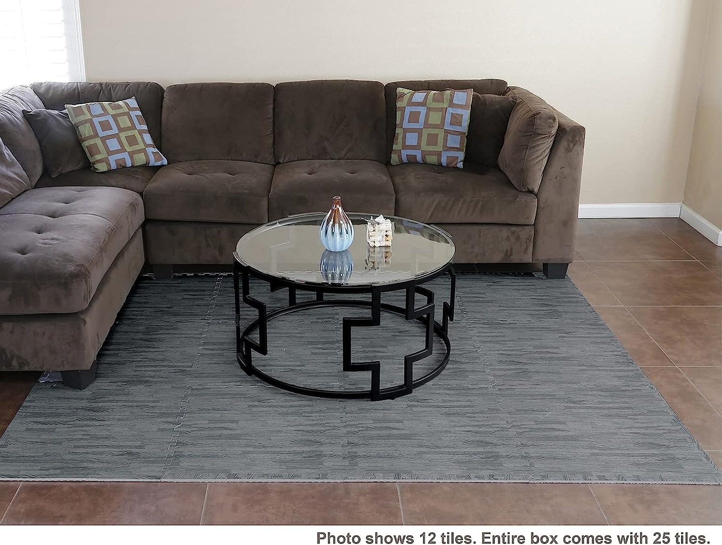 100 Sq. Ft 3/8 Inch Thick Printed Foam Tiles Interlocking Foam Mat, Sea Haze Grey Wood Grain Style Print, (24"x24", 25 pcs), Protective Flooring for Home, Gym Exercise or Trade Show