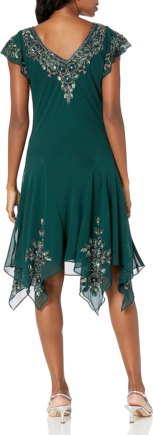 Women's Petite Flutter Sleeve Hanky Hem Short Cocktail Beaded Dress Dance Wear Fashion Women's Petite Flutter Sleeve Hanky Hem Short Cocktail Beaded Dress Dance Wear Fashion