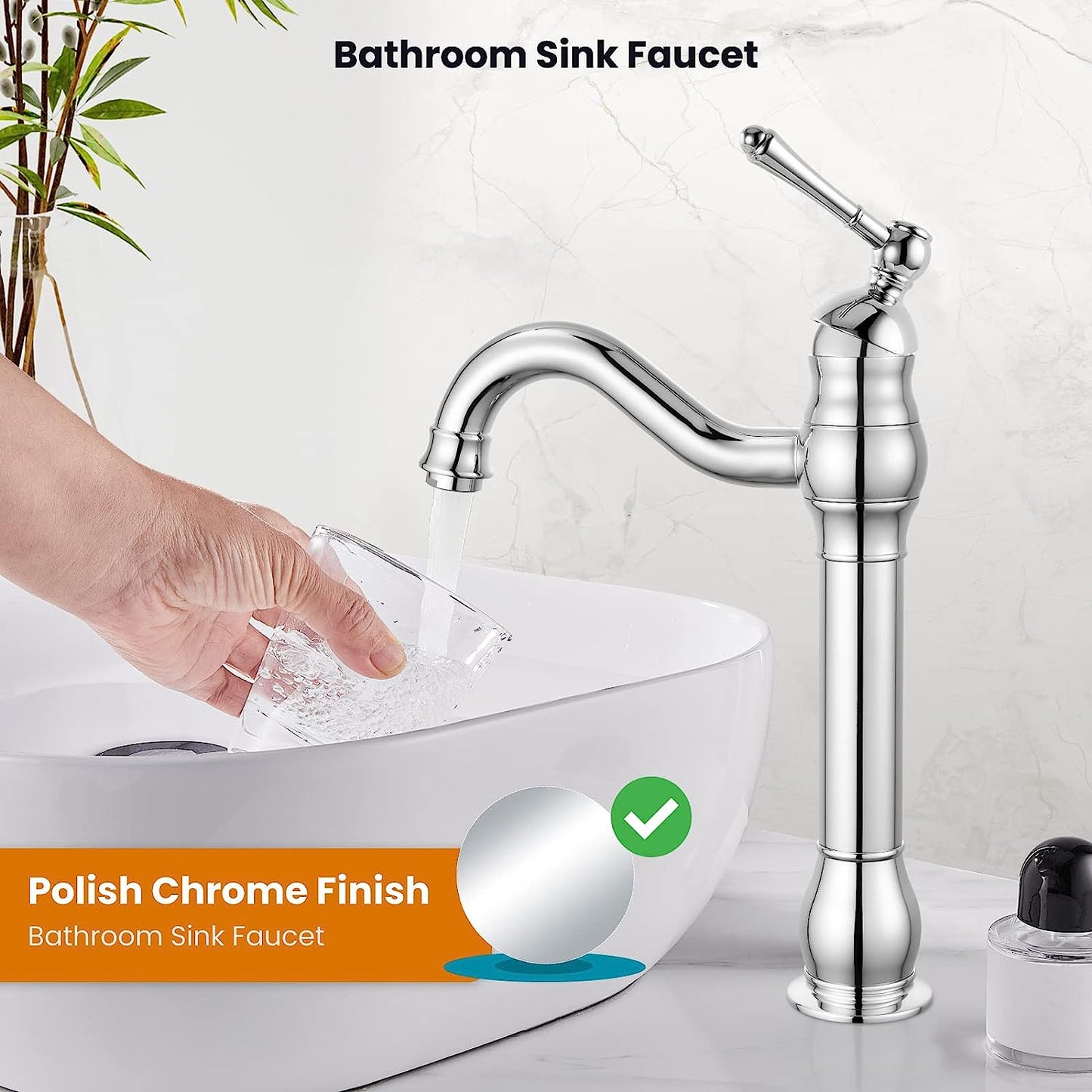 Bathroom Vessel Sink Faucet Polish Chrome Single Handle Lavatory Vanity Mixer Bar Tap 360° Swivel with Pop Up Drain Tall Spout Single Hole Deck Mount