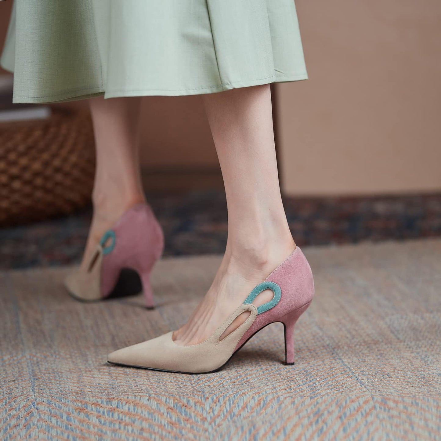 Women Kitten Heel Pumps Pointed Toe Suede Stilettos High Heels Dress Shoes Rainbow Slip On 2.5”Heels Sandals Multicolor Cutout Patchwork for Bridal Wedding Office Ladies Evening 4-11 M US