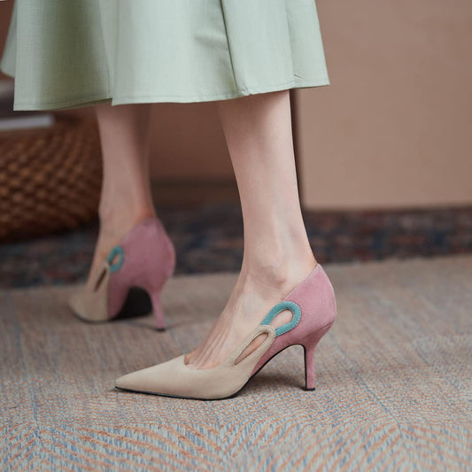 Women Kitten Heel Pumps Pointed Toe Suede Stilettos High Heels Dress Shoes Rainbow Slip On 2.5”Heels Sandals Multicolor Cutout Patchwork for Bridal Wedding Office Ladies Evening 4-11 M US