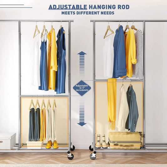 Heavy Duty Metal Clothing Rack 405LBS for Hanging Clothes Portable and Collapsible Clothes Rack Rolling Clothes Rack with Wheels 72" H Garment Rack Silver