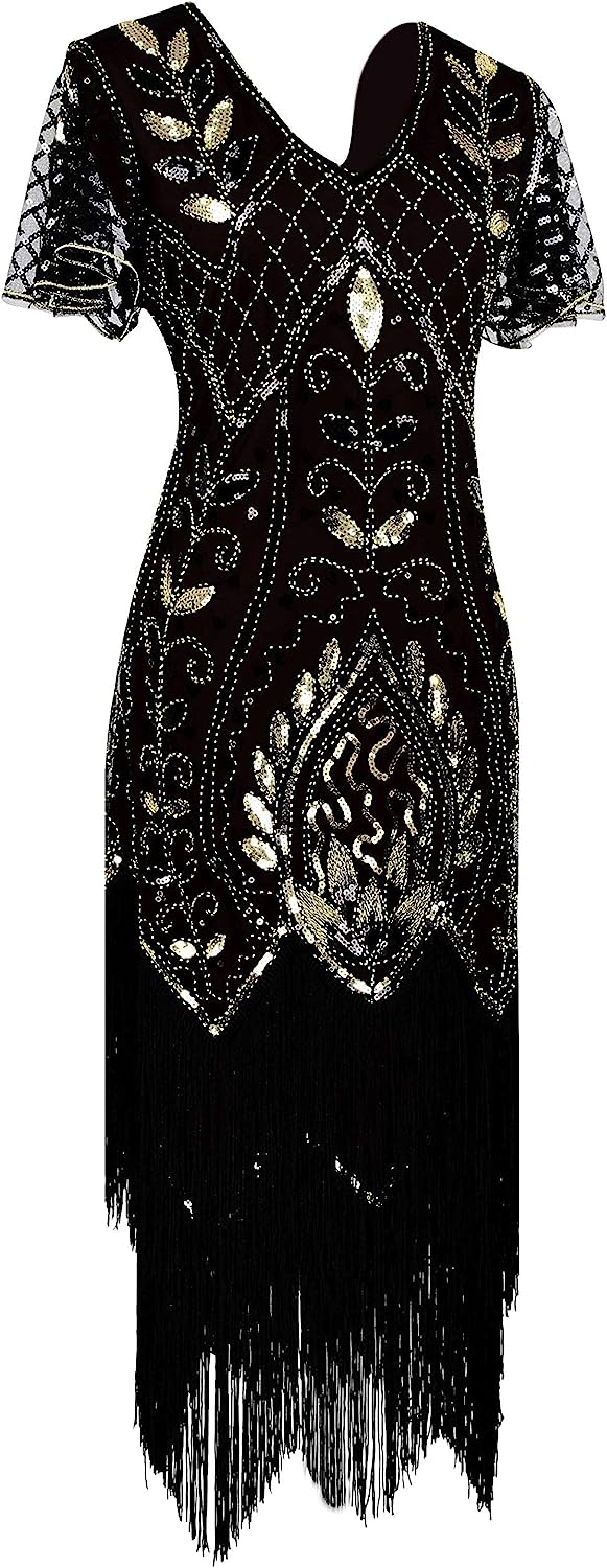 Dancing Stone Women 1920S Sleeve Fringed Gatsby Flapper Prom Dress W/Accessories