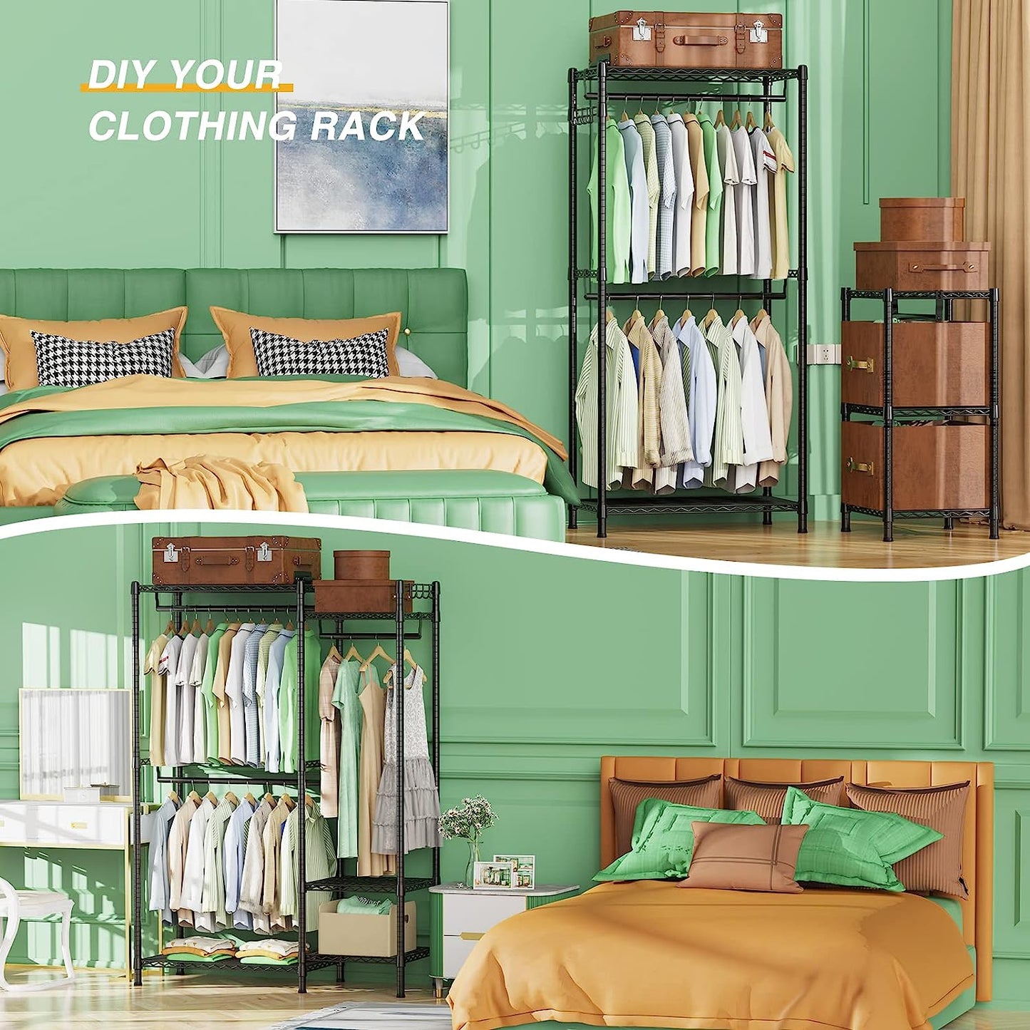 G3 Garment Rack Heavy Duty Clothes Rack for Hanging Clothes, Freestanding Portable Wire Clothing Rack with Shelves, Adjustable Wardrobe Closet Rack, DIY Hanging Clothes Racks for Bedroom