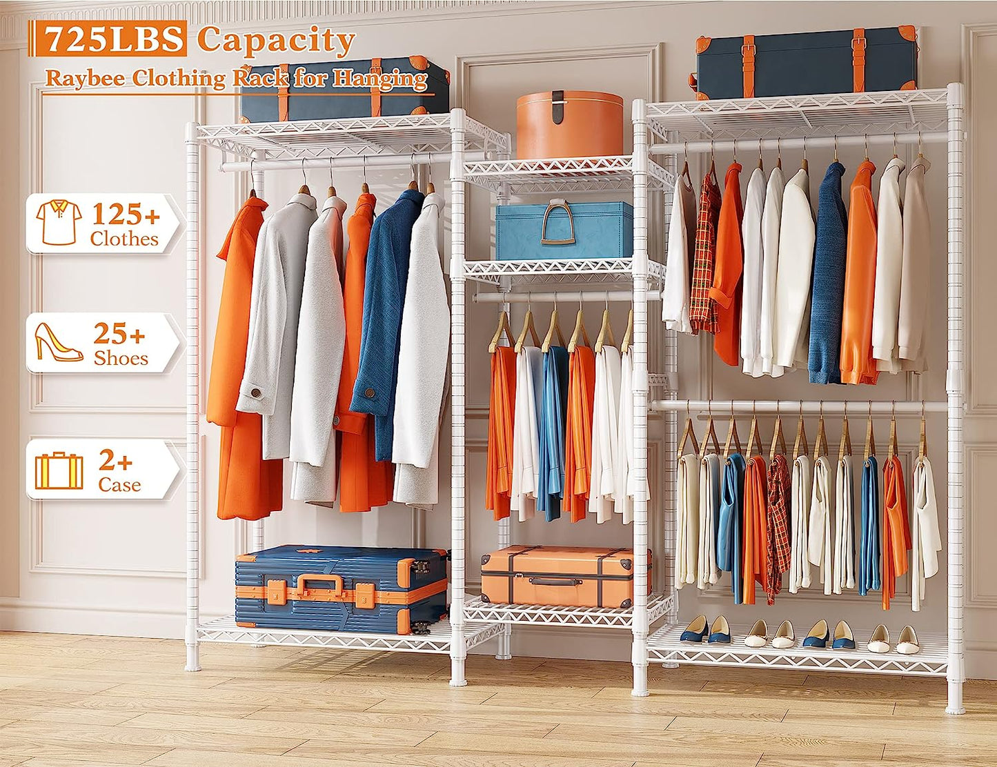 Clothing Rack Heavy Duty Clothes Rack for Hanging Clothes 77"H Tall Clothing Rack Load 725Lbs Metal Clothing Rack Heavy Duty Garment Rack Adjustable Clothes Rack,77" H x 70.5" W x 13.8" D,White