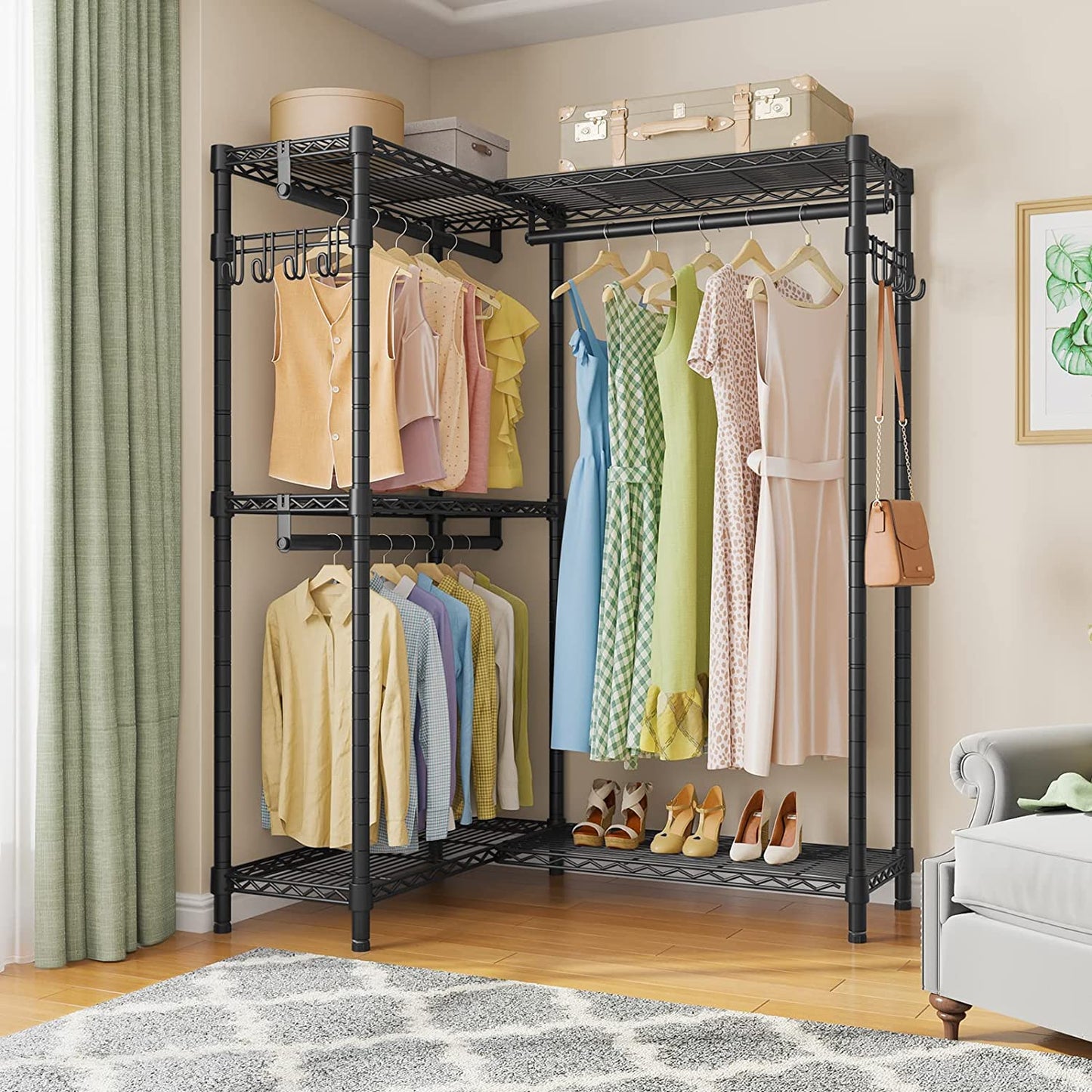 L4 Garment Rack L Shaped Clothes Rack for Corner, Freestanding Portable Wardrobe Closet Heavy Duty Clothing Rack with 3 Hanging Rods & 2 Side Hooks, 43.3"Lx29.1"Wx76.4"H, Max Load 750LBS, Black
