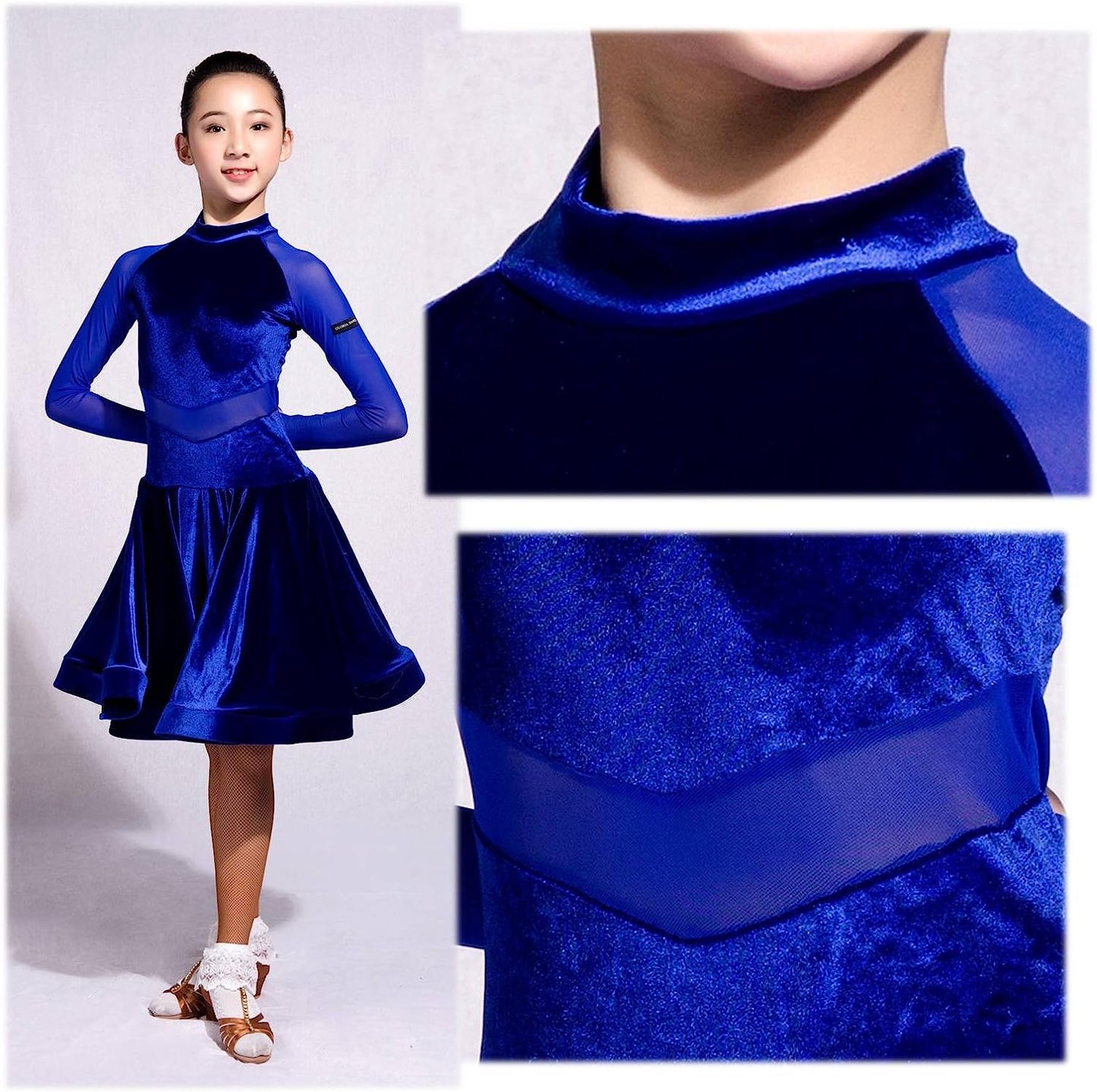 Kid Latin Ballroom Dance Professional net Yarn and Velvet Splicing Design Race/Performance Dress for Girl