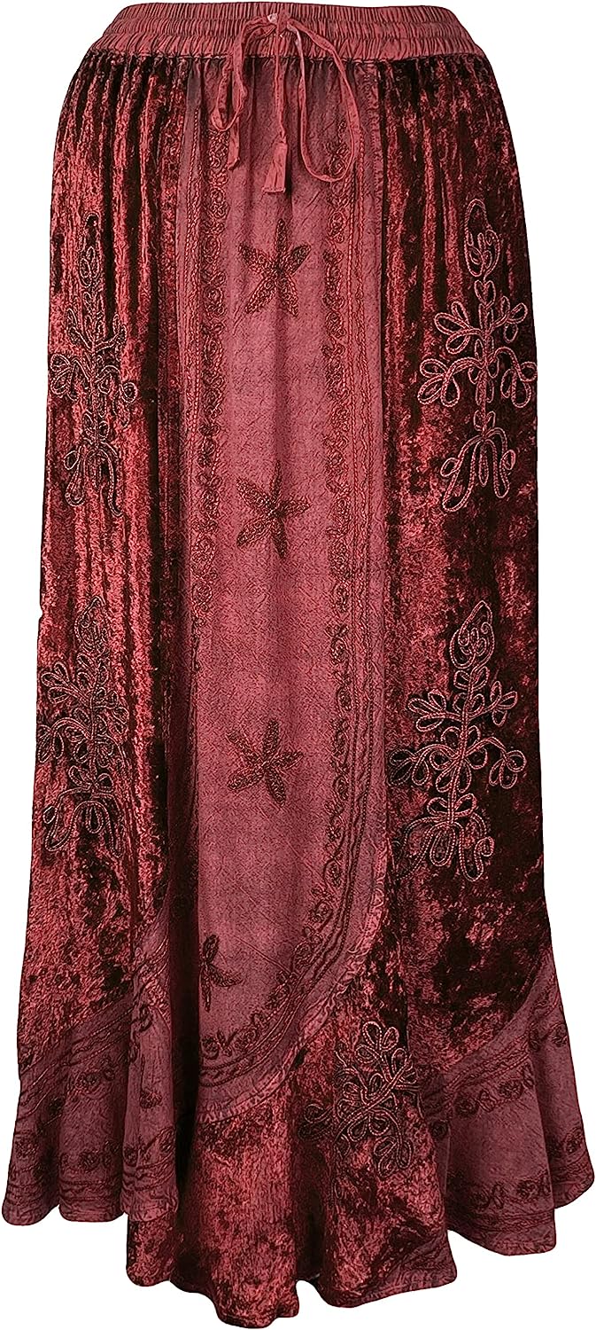 Women's Bohemian Gothic Embroidered Velvet Flared Scalloped Hem Elastic Waistband Drawstring Long Maxi Skirt