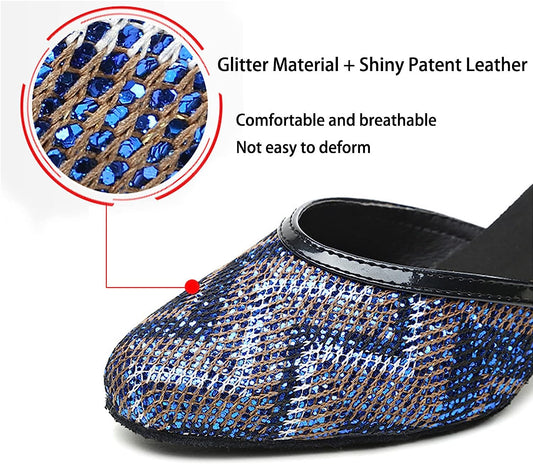 Women's Ballroom Latin Dance Shoes with Sparkling Glitter Professional Salsa Tango Indoor Closed Toe Dancing Shoes Suede Sole Practice Performance Ankle Strap Dance Shoes