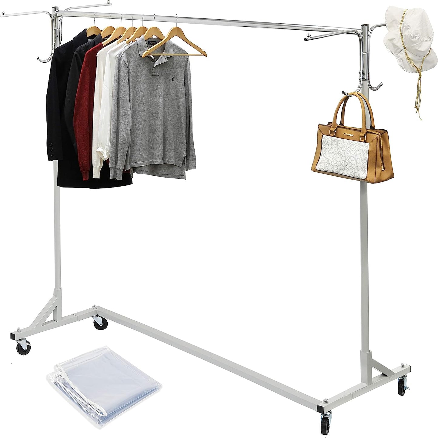Industrial Grade Z-Base Garment Rack, 400lb Load with 62" Extra Long bar w/Clear Cover and Tube Bracket