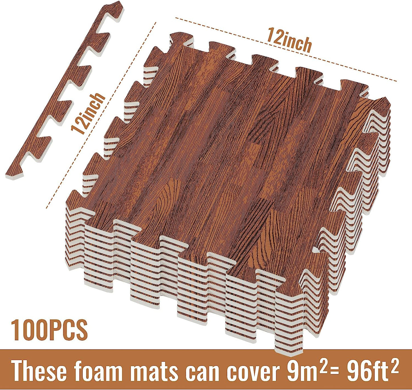 100 Pack Wood Grain Floor Foam Mats with Border, Wood Thick Printed Interlocking Foam Tiles Anti Fatigue Flooring Mat for Home Playroom Basement Trade Show, 12 x 12 Inches (Brown)