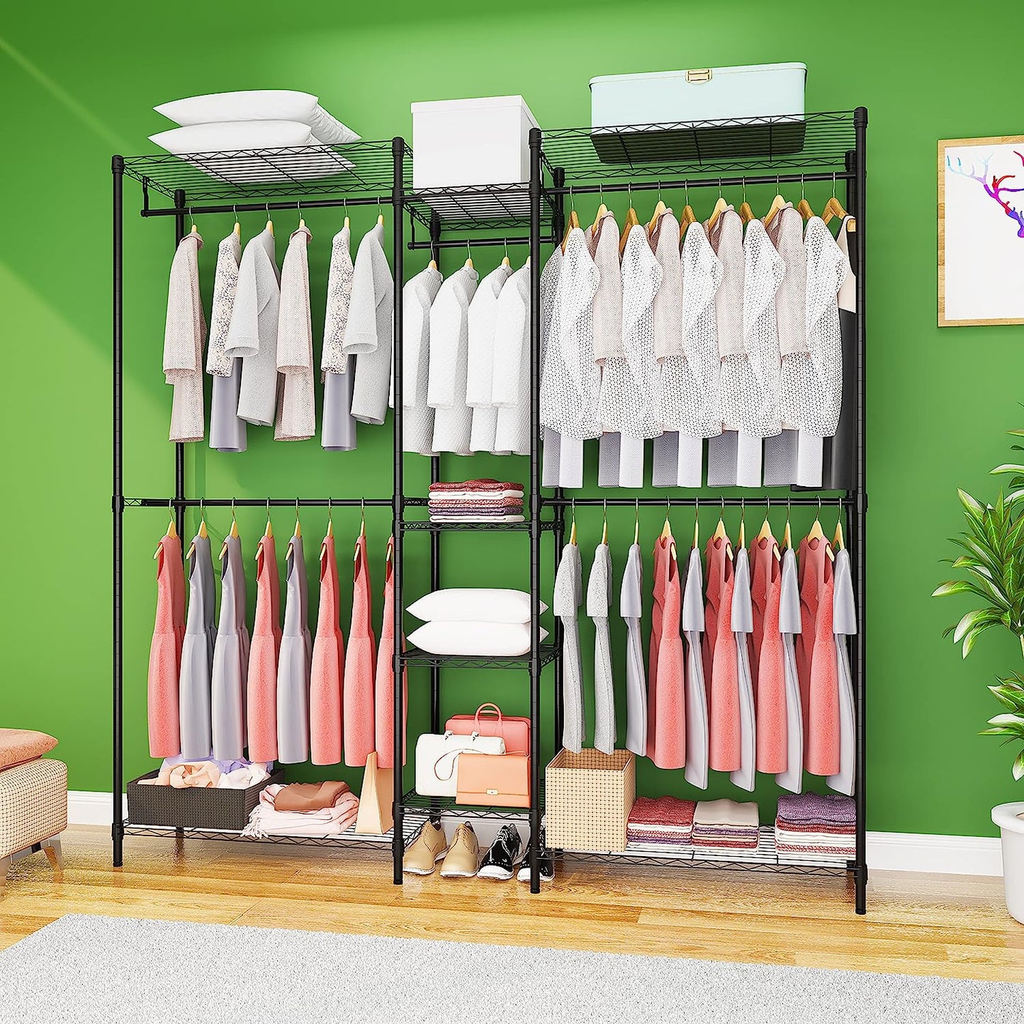 Heavy Duty Clothes Rack for Hanging Clothes, Metal Garment Rack,Large Capacity Portable Clothing Rack,Freestanding Open Wardrobe Organizer Rack, 67.0"L x 13.8"W x 75.6"H Max Load 720LBS, Black