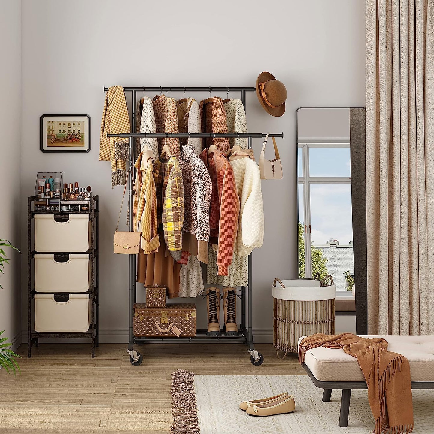 Double Rod Garment Rack, Heavy Duty Clothes Rack, Metal Garment Rack with Wheels, Clothes Rack with Shelves and Hooks, Clothing Garment Rack Closet Hanger for Hanging Clothes