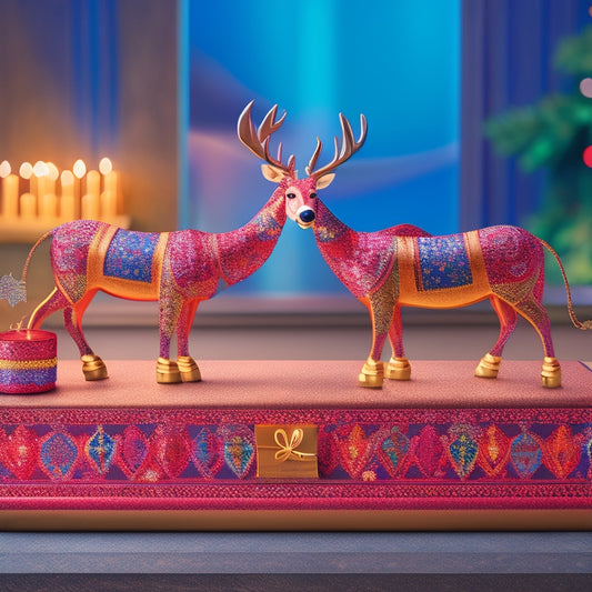 A whimsical illustration of Dasher and Dancer, two reindeer, standing on either side of a decorative wooden sleigh filled with colorful, intricately wrapped gift boxes and ornate candles.