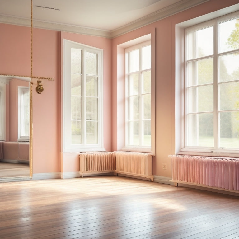 A serene ballet studio, with soft natural light filtering through large windows, showcasing a neatly arranged pair of plush, pastel-colored ballet socks resting on a polished wooden floor, surrounded by delicate ballet slippers and a graceful barre.