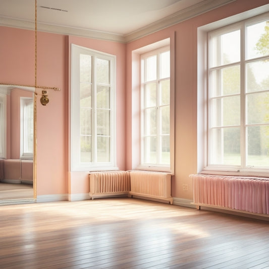 A serene ballet studio, with soft natural light filtering through large windows, showcasing a neatly arranged pair of plush, pastel-colored ballet socks resting on a polished wooden floor, surrounded by delicate ballet slippers and a graceful barre.