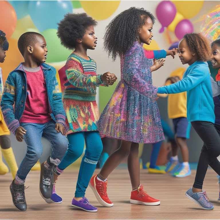 An illustration of diverse children and adults dancing together in a vibrant, colorful studio, surrounded by musical notes, dance shoes, and worksheets with matching symbols and patterns.