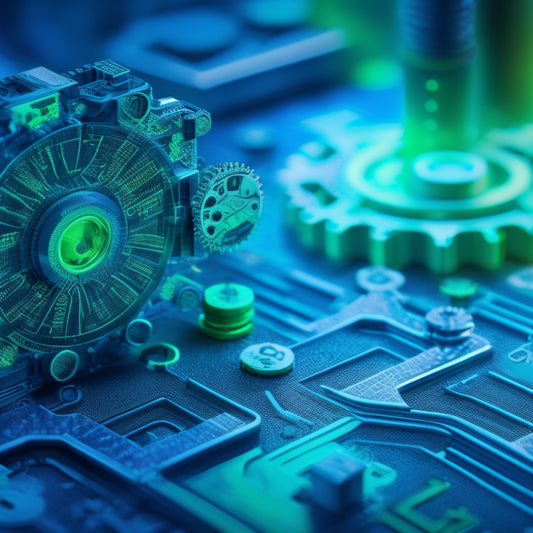 An abstract illustration featuring interconnected gears, circuits, and pixels merging into a 3D puzzle piece, set against a dark blue and neon green gradient background, symbolizing innovation and digital transformation.