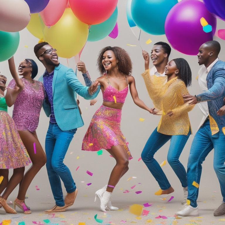 A bright, colorful illustration of a diverse group of beginners dancing together, showcasing simple, fun moves like the step-touch, hip swivel, and arm wave, surrounded by confetti and balloons.