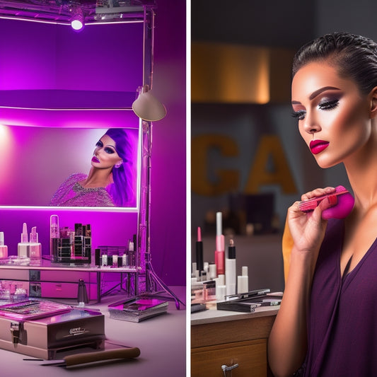 A split-screen image featuring a professional makeup station with various brushes, palettes, and products on one side, and a dancer in a studio, posing in front of a mirror, with a subtle spotlight effect.