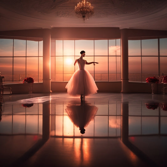 A dimly lit ballet studio at sunset, with a lone ballerina in a flowing white tutu, surrounded by mirrors, ballet bars, and a grand piano, with a single red rose petal on the floor.