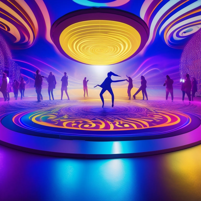 A vibrant, futuristic dance floor scene with a silhouette of a dancer in the center, surrounded by swirling shapes and colors, with a subtle European flag pattern in the background.