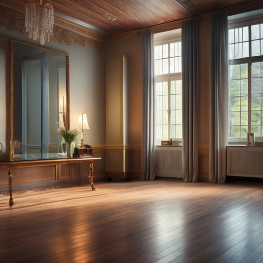 A well-lit, spacious room with a wooden floor, mirrored wall, and a ballet barre against a wall, with a few dance shoes and a music player in the corner, surrounded by curtains.