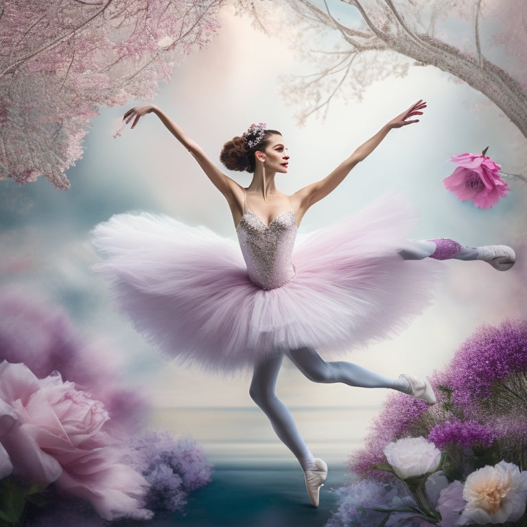 A whimsical illustration of a ballet dancer in various elegant poses, surrounded by swirling brushstrokes, flowers, and musical notes, set against a soft, watercolor-inspired background with pastel hues.