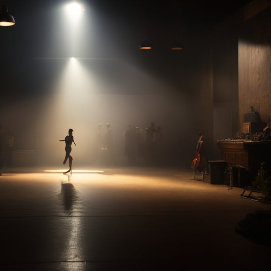 A dimly lit, smoky dance studio with a lone dancer in the shadows, surrounded by scattered costumes and torn shoes, with a faint spotlight shining on an empty, perfect stage in the background.