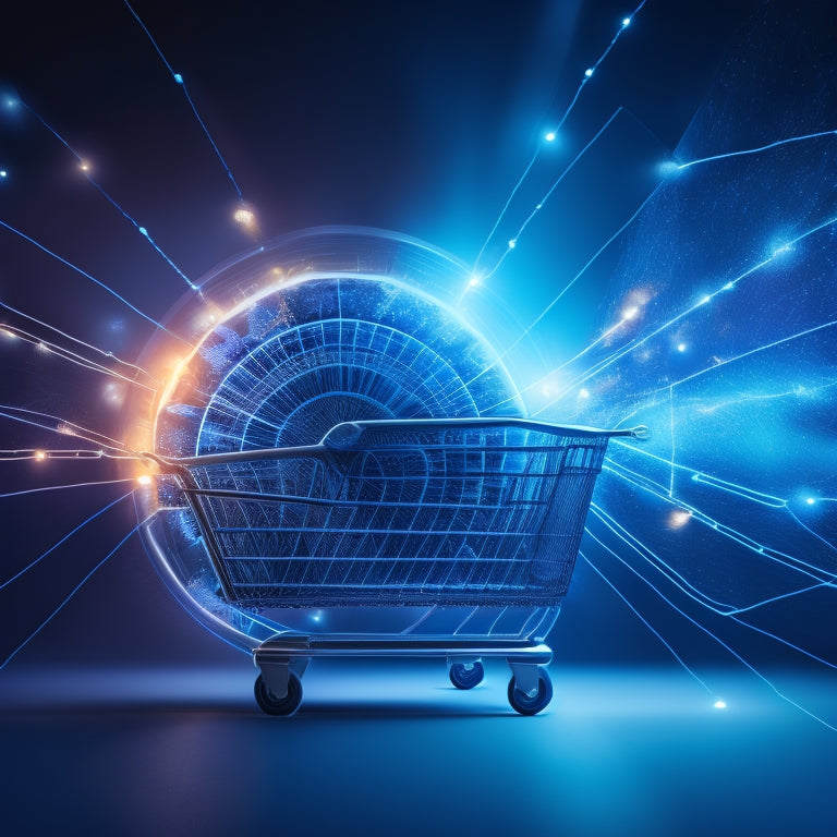 A stylized, futuristic illustration of two interconnected gears, one with a shopping cart icon at its center, the other with a circle of connected nodes, set against a dark blue gradient background with subtle sparks and circuits.