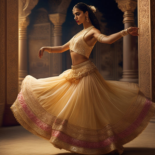 A warm-toned illustration featuring a female dancer in a flowing skirt, surrounded by zills, with a subtle Middle Eastern-inspired background and intricate patterns, conveying elegance and cultural richness.