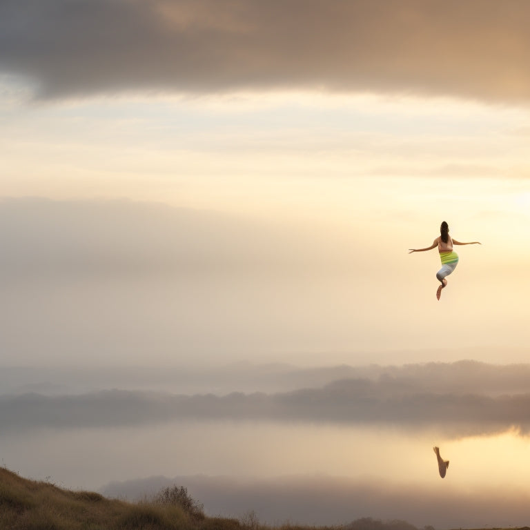 A serene, misty morning landscape with a lone, athletic figure in mid-air, suspended in a powerful yoga pose, surrounded by fluffy white clouds and a subtle, golden sunrise glow.