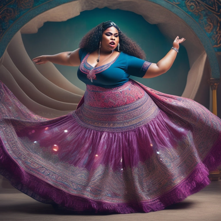 A vibrant illustration of a confident, curvy woman in a flowing skirt, surrounded by swirling patterns and Arabic-inspired motifs, dancing with arms raised and hips swaying to an unseen rhythm.