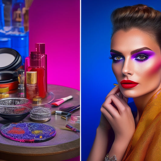 A split-screen image featuring a messy makeup artist's workstation on one side, with scattered brushes, palettes, and products, and a flawless, glamorous model on the other, with bold, vibrant colors.