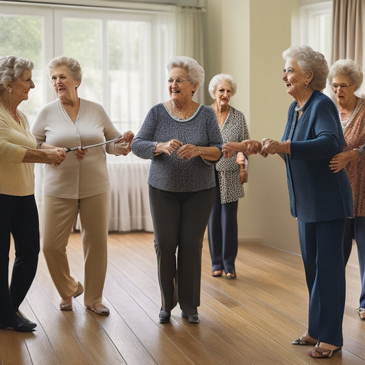 A serene, well-lit studio with a group of seniors, ages 65+, gathered in a circle, gently swaying to music, some with canes, others with walkers, all smiling, surrounded by mirrors and ballet bars.