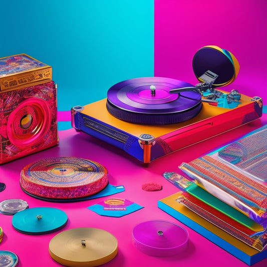 A vibrant, colorful illustration of a pair of turntables surrounded by stacks of customizable hip hop-themed chip bags in various bold colors and patterns, with a few bags spilling out chips.