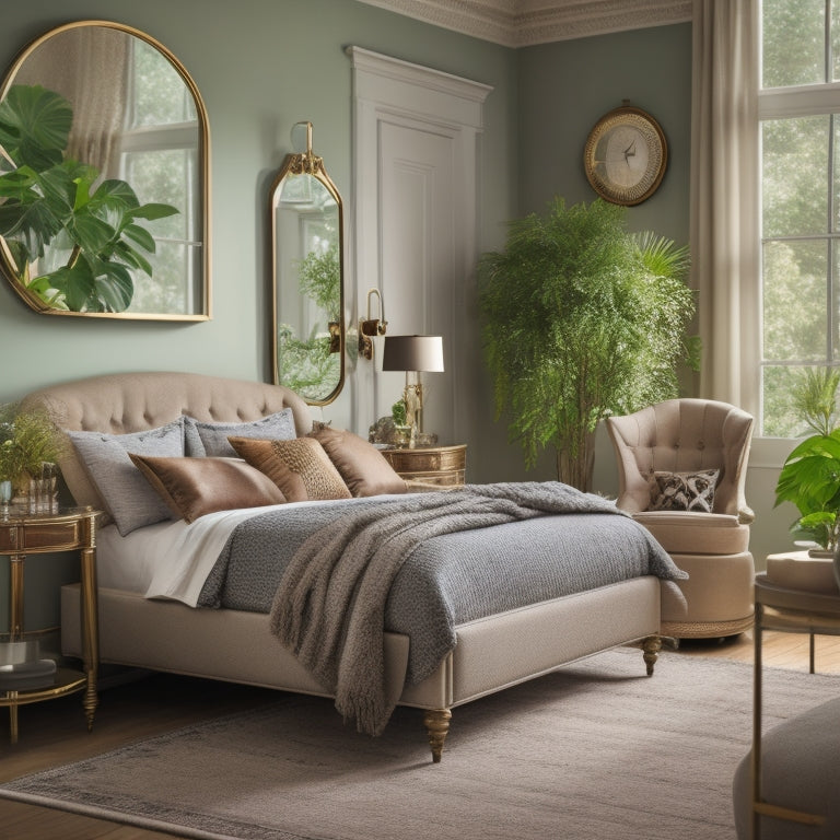 A stylish bedroom scene featuring a large, ornate full-length mirror reflecting soft, ambient light, surrounded by elegant decor elements like plush rugs, chic furniture, and lush indoor plants, creating a serene and inviting atmosphere.