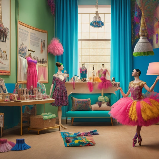 A vibrant illustration featuring a whimsical dance studio with colorful costume designs on mannequins, surrounded by fabric swatches, sewing machines, and dance-inspired accessories like ballet shoes and feather boas.