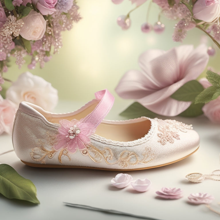 A whimsical illustration featuring a delicate, lace-trimmed ballet slipper surrounded by swirling ribbons, flowers, and vines, set against a soft, pastel-hued background with subtle sparkle accents.