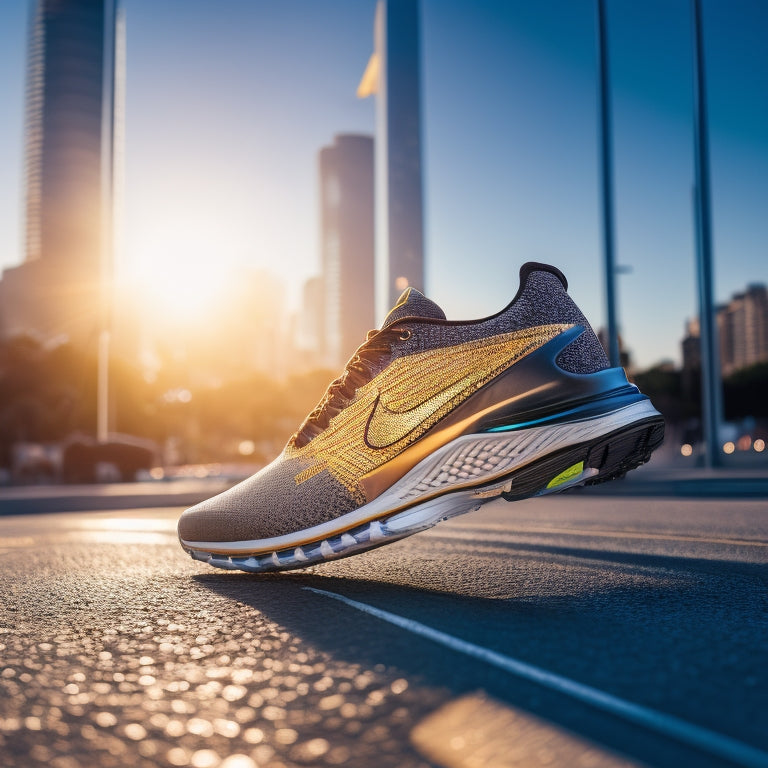 A sleek pair of high-tech performance shoes, glistening in sunlight, set against a vibrant urban backdrop. Show dynamic movement with blurred motion lines, emphasizing speed and agility, surrounded by an energetic atmosphere of runners.