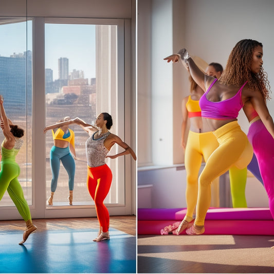 A vibrant dance studio filled with sunlight, showcasing a variety of dancers in colorful, flexible pants. Focus on different styles: leggings, joggers, and wide-leg pants, highlighting movement and comfort.
