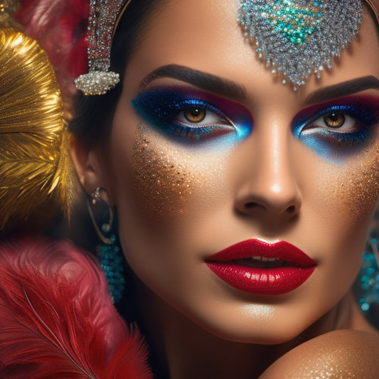 A spotlight shines on a dancer's face, highlighting a flawless, shimmering complexion, bold, metallic eye shadow, and bold, red lips, surrounded by feathers, sequins, and glittering costume pieces.