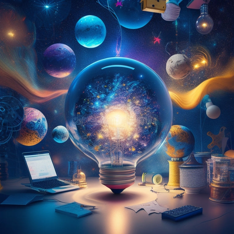 A whimsical illustration of a bustling online forum, with colorful threads and posts resembling twinkling stars, surrounded by creative sparks, gears, and lightbulbs, amidst a swirling vortex of ideas.