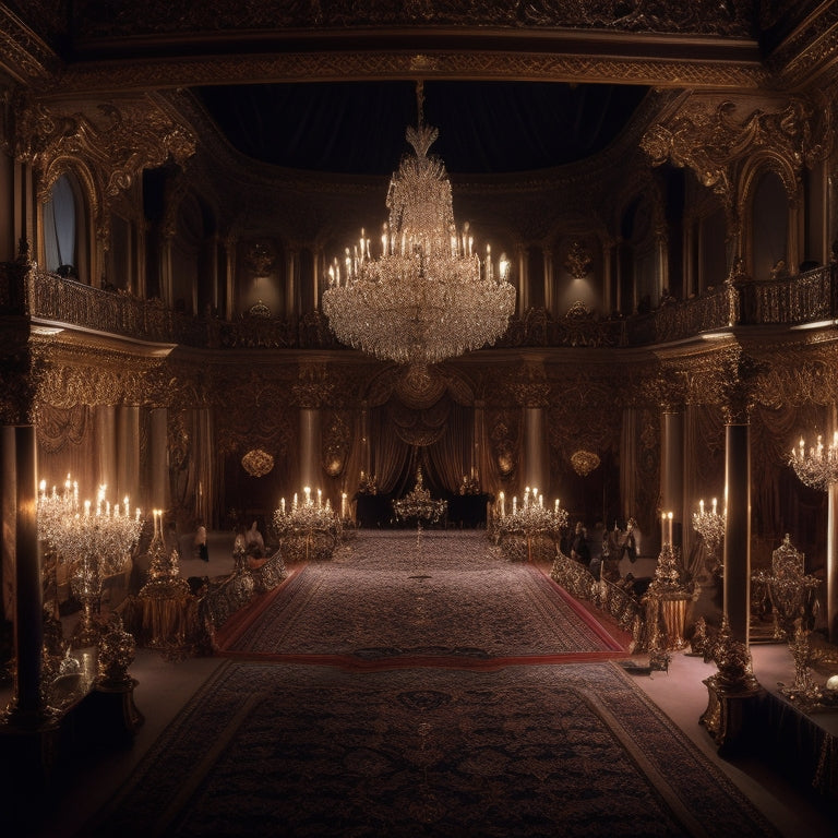 A luxurious, dimly-lit ballroom with a grand, curved staircase, adorned with crystal chandeliers, velvet drapes, and a majestic, ornate mirror reflecting a sea of glamorous guests.