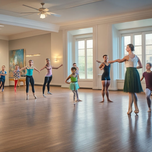 A warm, well-lit dance studio with a large mirror, wooden floors, and ballet bars. A middle-aged instructor, with a kind smile, corrects a young dancer's posture, surrounded by other students eagerly observing.