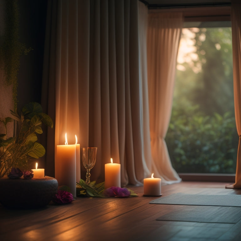 A serene, dimly lit yoga studio with candles, soft fabric drapes, and a few scattered rose petals, surrounded by lush greenery, with a subtle misty atmosphere and warm, golden lighting.