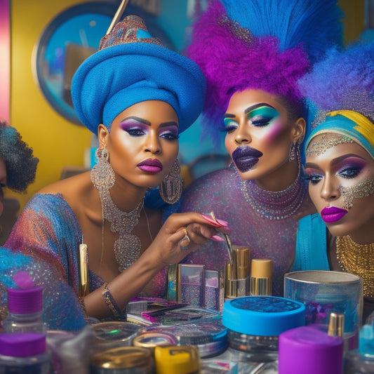 A vibrant, eclectic group of makeup artists from diverse backgrounds, ages, and styles, gathered in a colorful, cluttered makeup studio, surrounded by brushes, palettes, and mirrors.