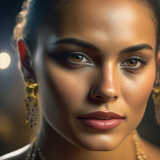 A spotlight shines on a dancer's face, beaded with sweat, with a subtle sheen of oil on their forehead and nose, amidst a blurred background of a dimly lit stage.