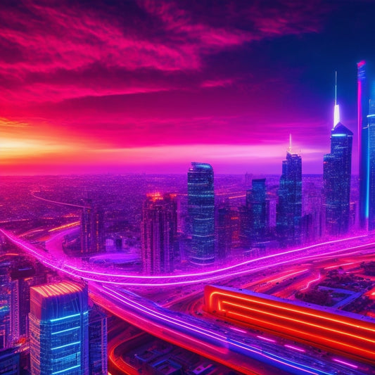 A bright, futuristic landscape with neon-lit cityscape at dusk, featuring a giant, glowing HTB logo hovering above the skyscrapers, surrounded by swirling circuits and coding symbols.